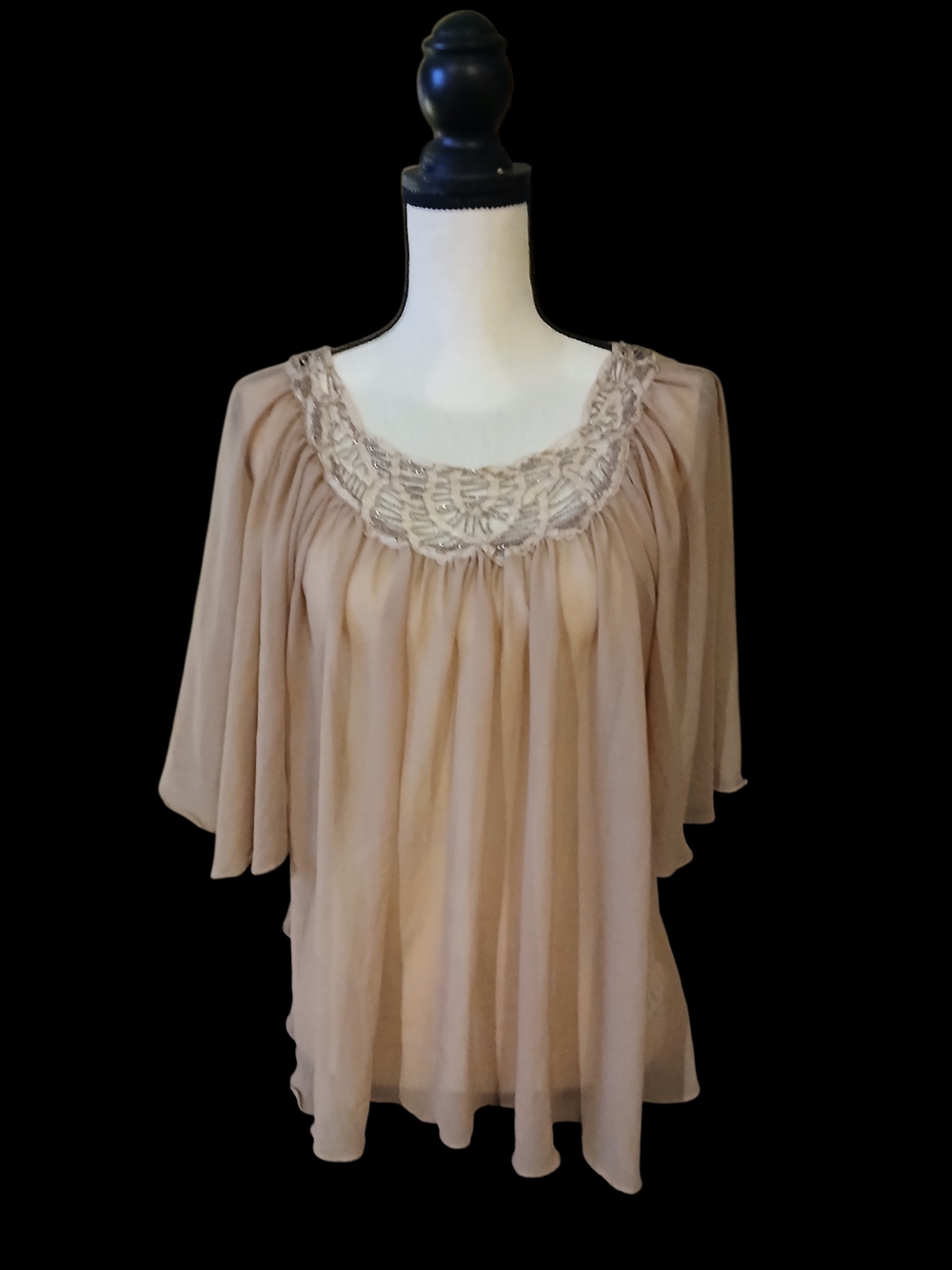 Buffalo David Bitton Beige Beaded Scoop-Neck Blouse